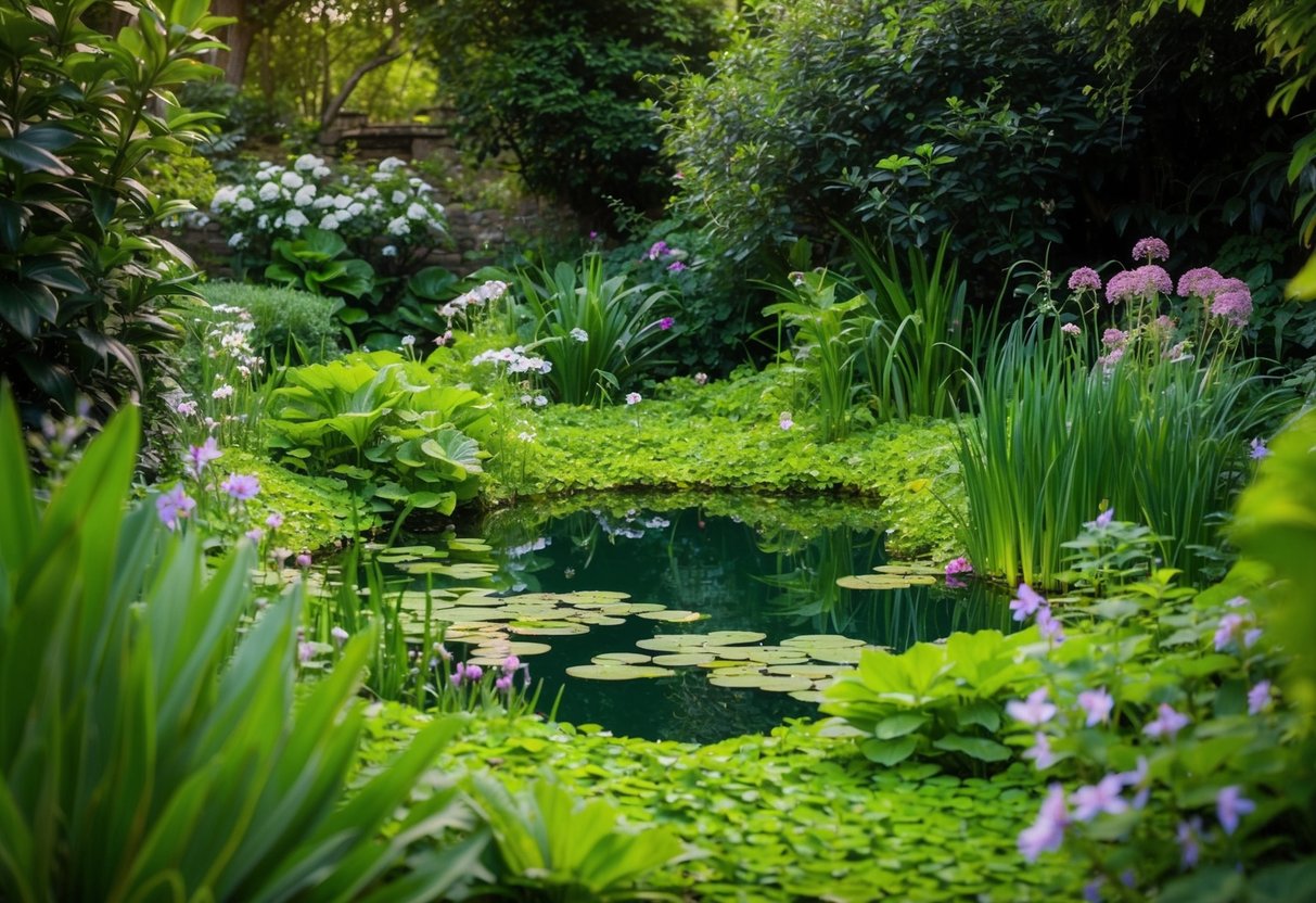 Lush, overgrown ponds nestled in a shady garden, surrounded by vibrant greenery and delicate flowers