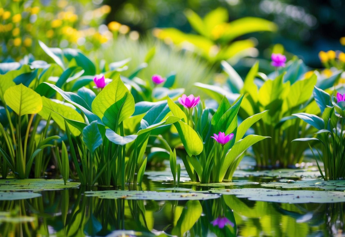 Lush green aquatic plants thrive in the dappled shade of a tranquil pond, their delicate leaves and vibrant flowers creating a serene and peaceful atmosphere