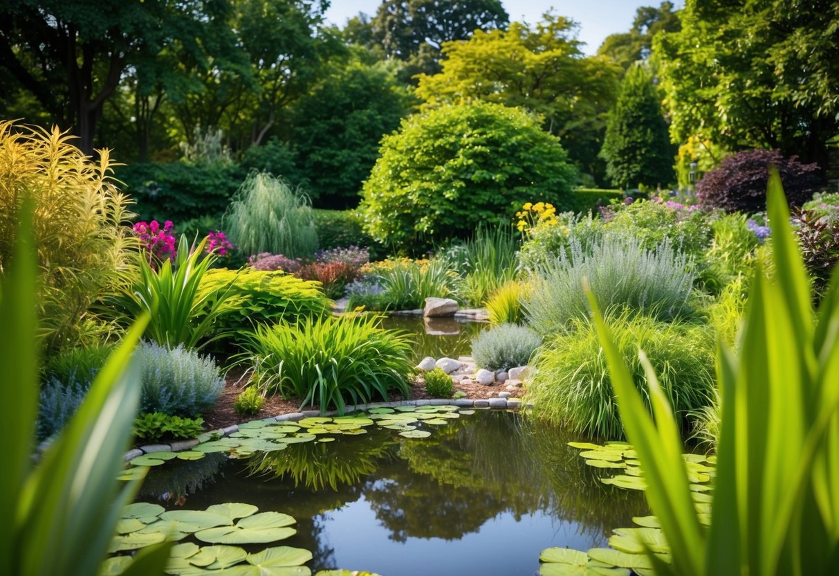 A lush garden with a shaded pond surrounded by diverse wildlife and plants