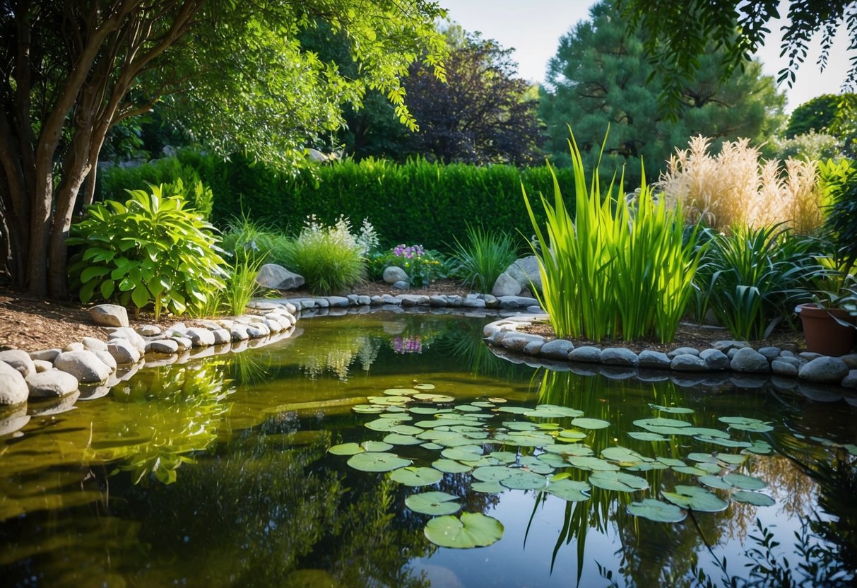 A tranquil pond nestled in a shady garden, with aquatic plants and clear water managed for optimal quality