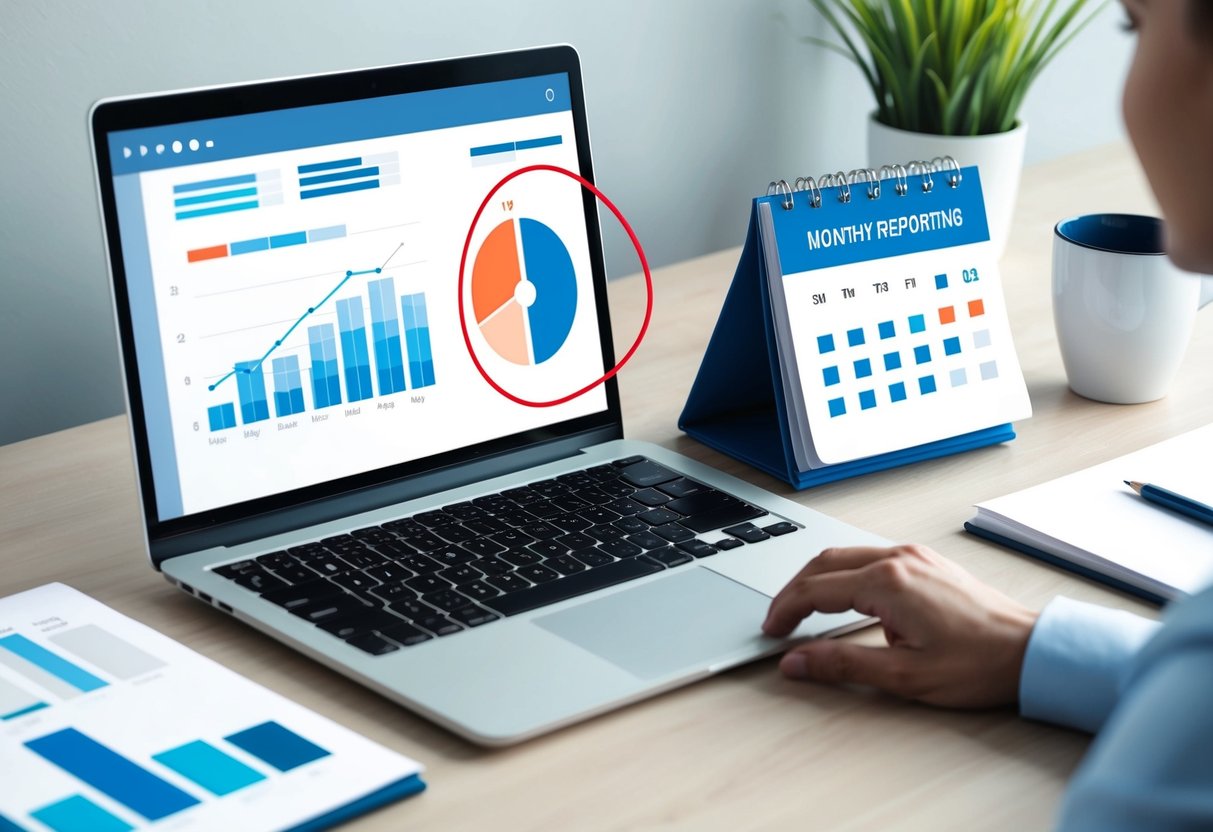 A modern office desk with a laptop, charts, and graphs displayed on a screen. A calendar with a monthly reporting deadline circled in red