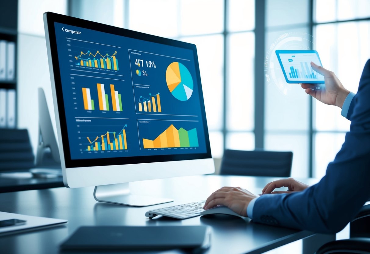 A sleek, modern office desk with a computer, charts, and graphs displayed on a large monitor. A person's hand hovers over a mouse, ready to click and analyze the data