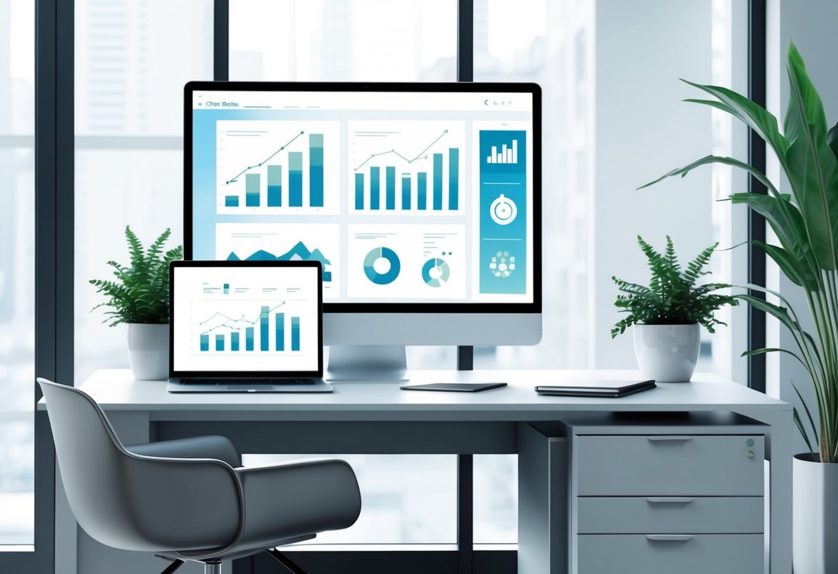 A sleek, modern office desk with a laptop, charts, and graphs displayed on a large computer monitor, surrounded by a stylish office chair and a few potted plants