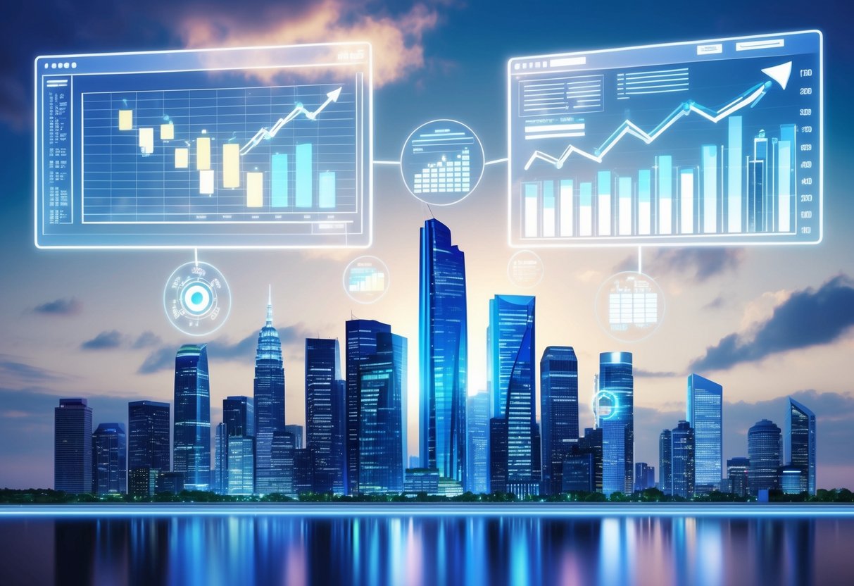 A futuristic city skyline with data charts and graphs projected in the sky, showcasing advanced forecasting techniques for budgeting and profitability in 2025