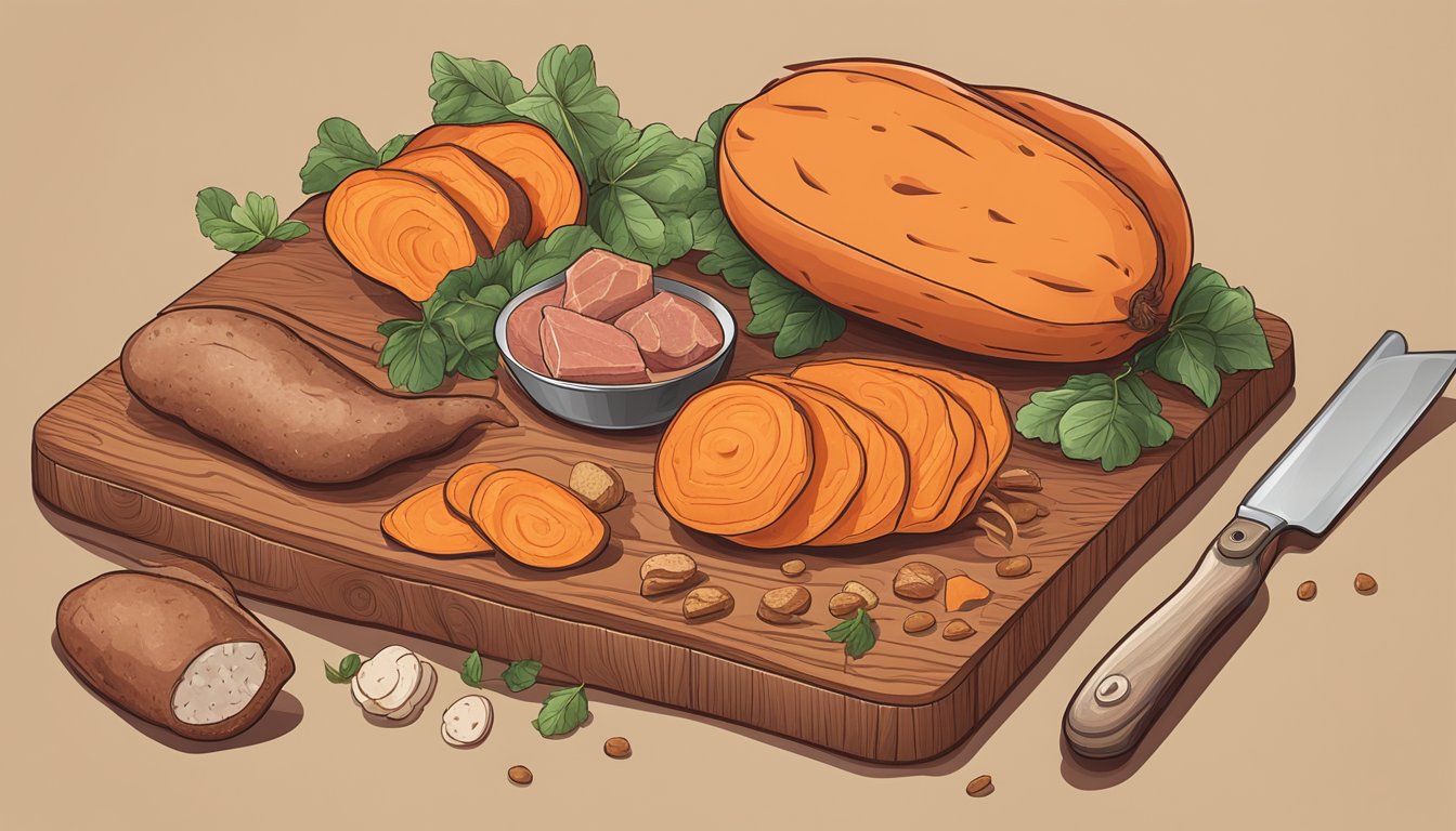 A whole sweet potato surrounded by various meats on a wooden cutting board