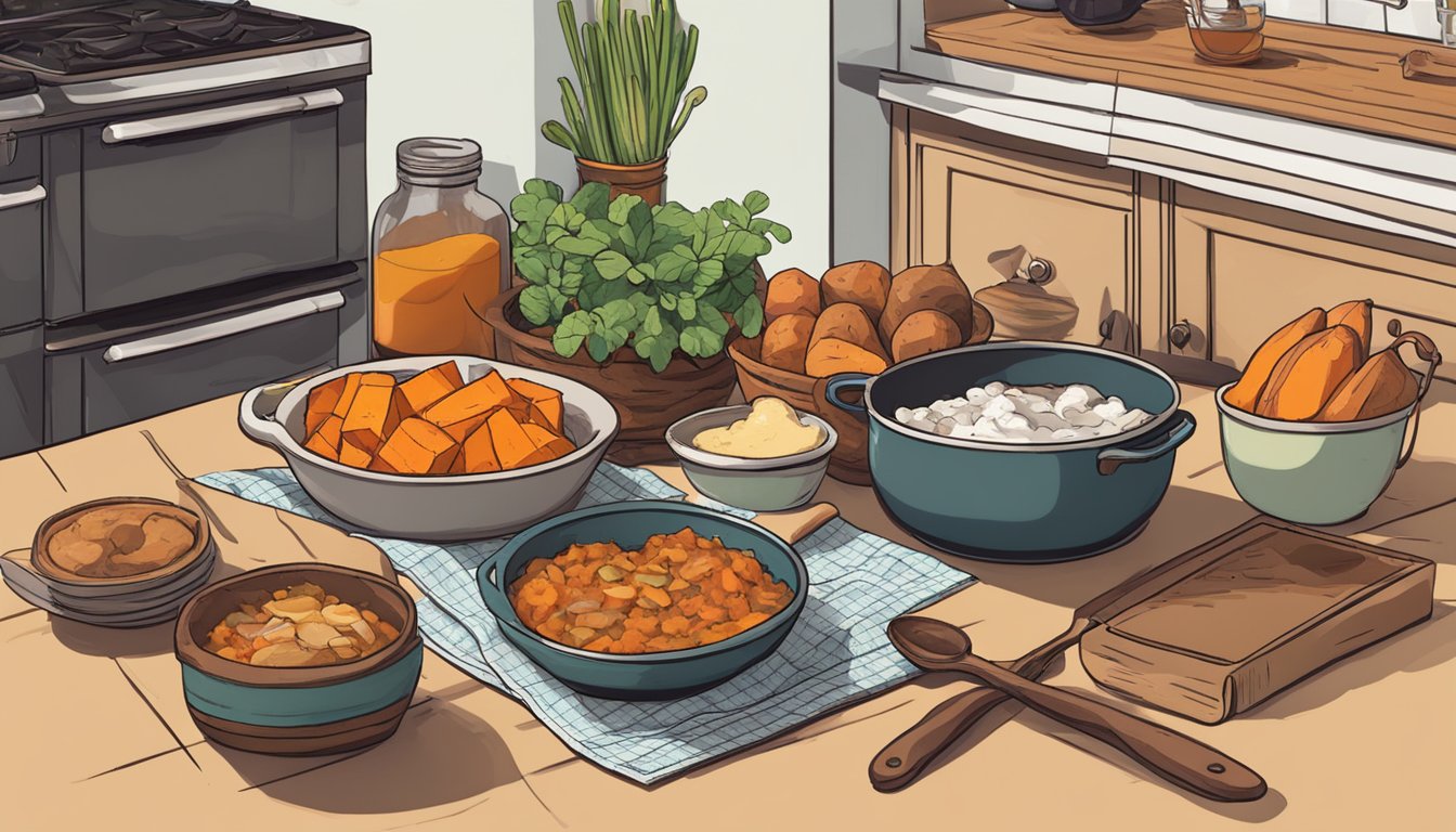 A rustic kitchen counter with a pile of sweet potatoes and various cooking utensils. A cookbook open to a page on carnivore diet-friendly dessert recipes