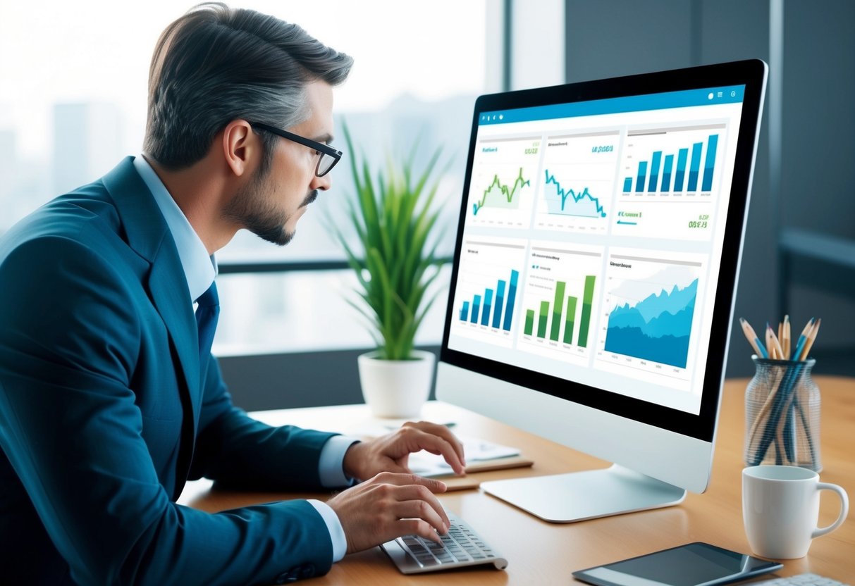 A businessperson analyzing financial charts and graphs on a computer screen