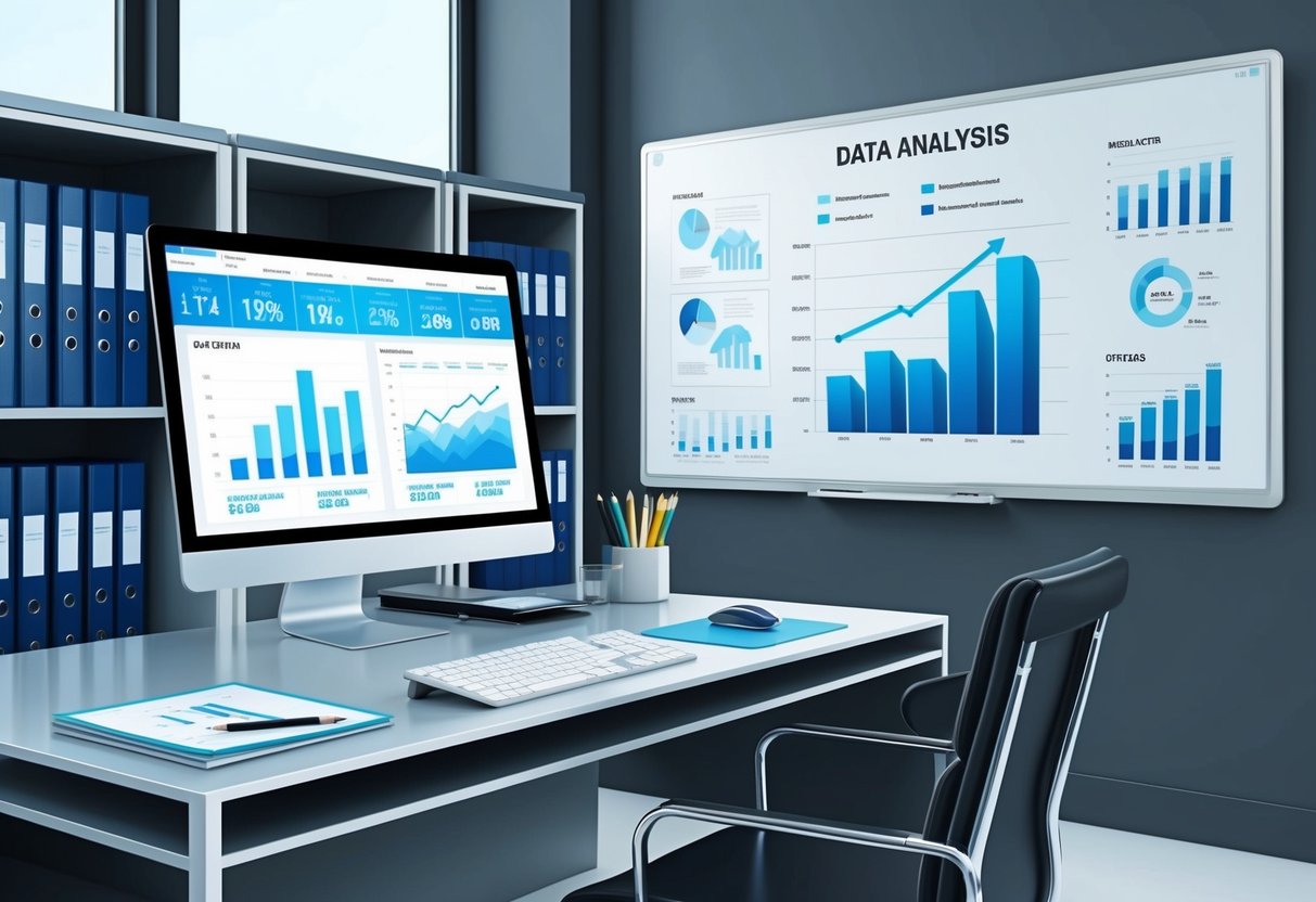 A sleek, modern office desk with a computer displaying financial charts and graphs, surrounded by shelves of thick binders and a large whiteboard covered in data analysis