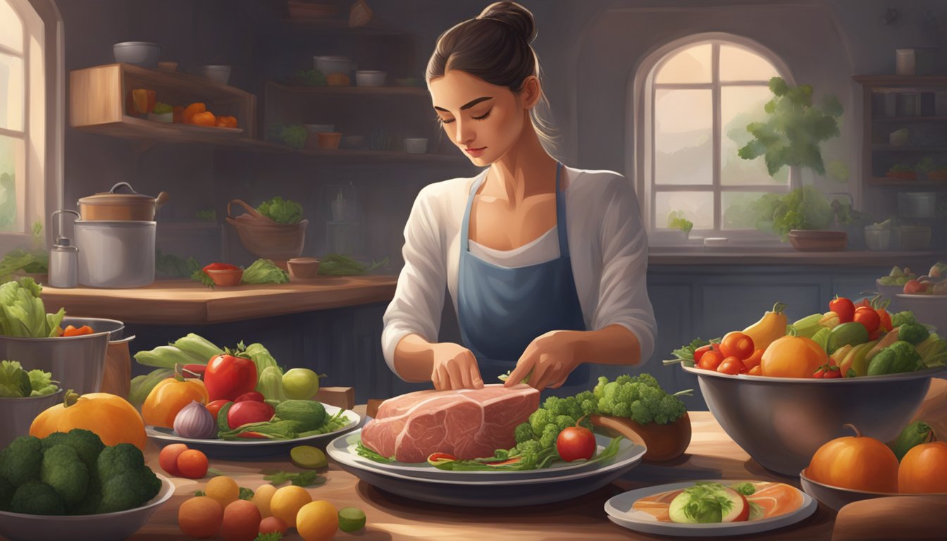 A ballet dancer gracefully preparing a plate of meat, surrounded by fresh vegetables and fruits, with a focused and determined expression on their face