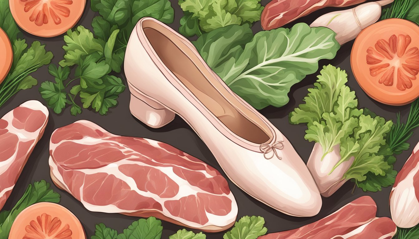 A ballerina's pointe shoes surrounded by raw meat and leafy greens