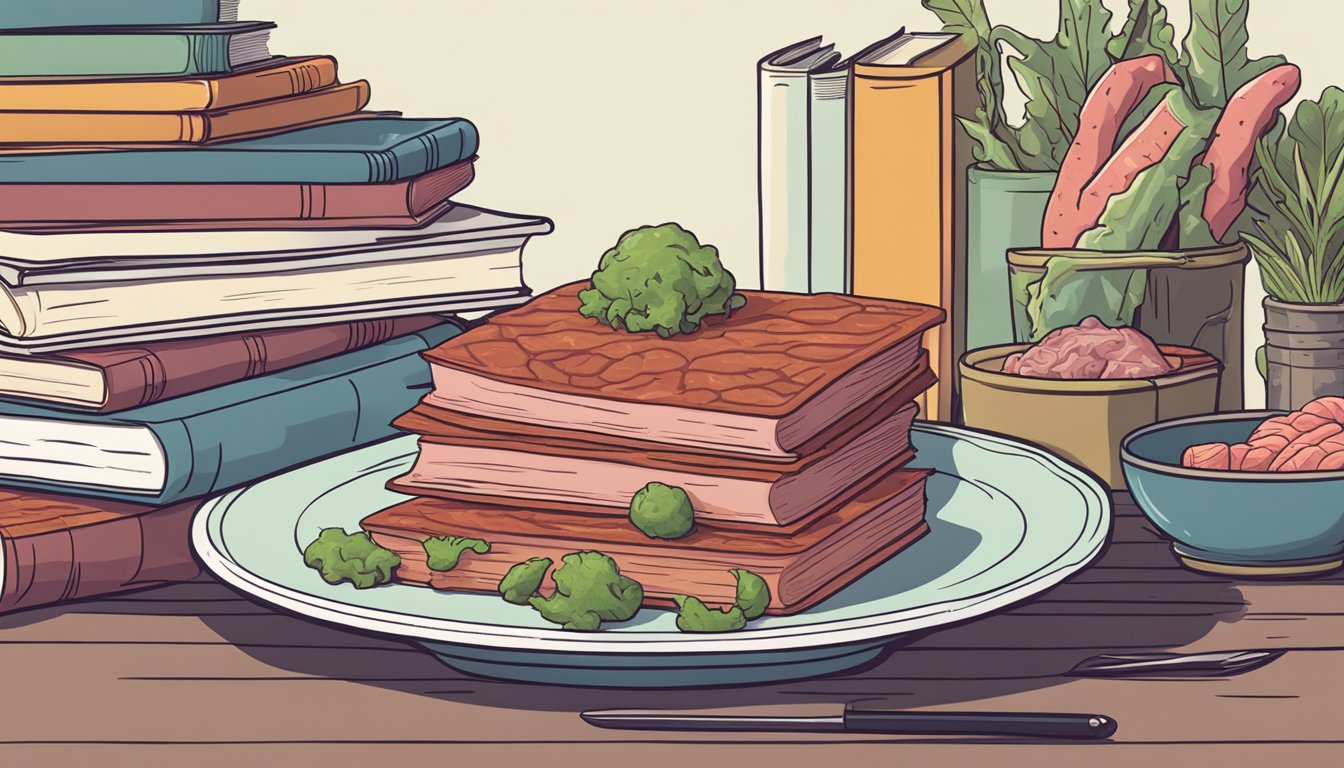 A stack of books on a table with a plate of raw meat next to it, surrounded by carnivorous animal illustrations