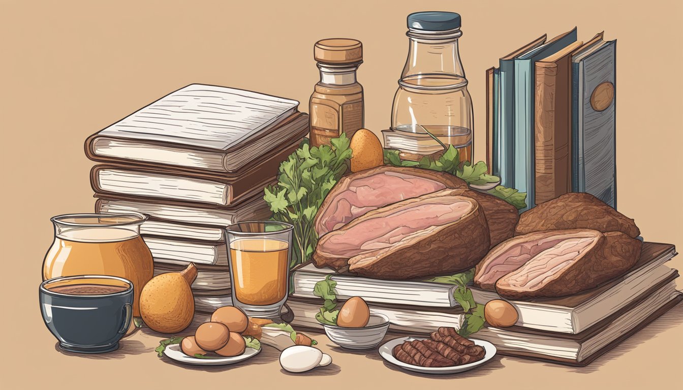 A library table adorned with a variety of fresh meats, eggs, and bone broth. A stack of books on nutrition sits nearby