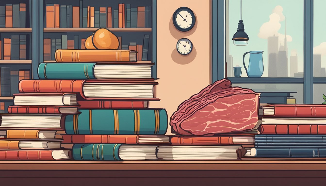 A stack of books and a plate of raw meat on a desk, surrounded by a library setting with shelves of books and a librarian's desk