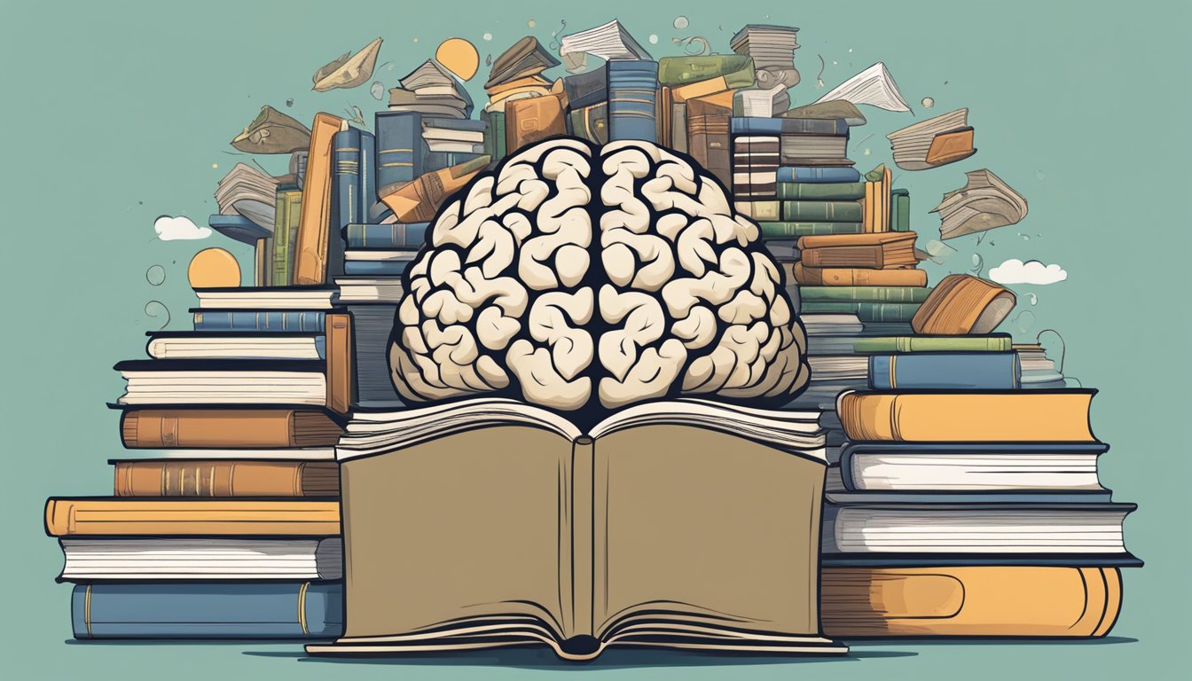 A librarian's brain surrounded by books, with a mix of confusion and clarity, representing the mental and cognitive effects of the carnivore diet