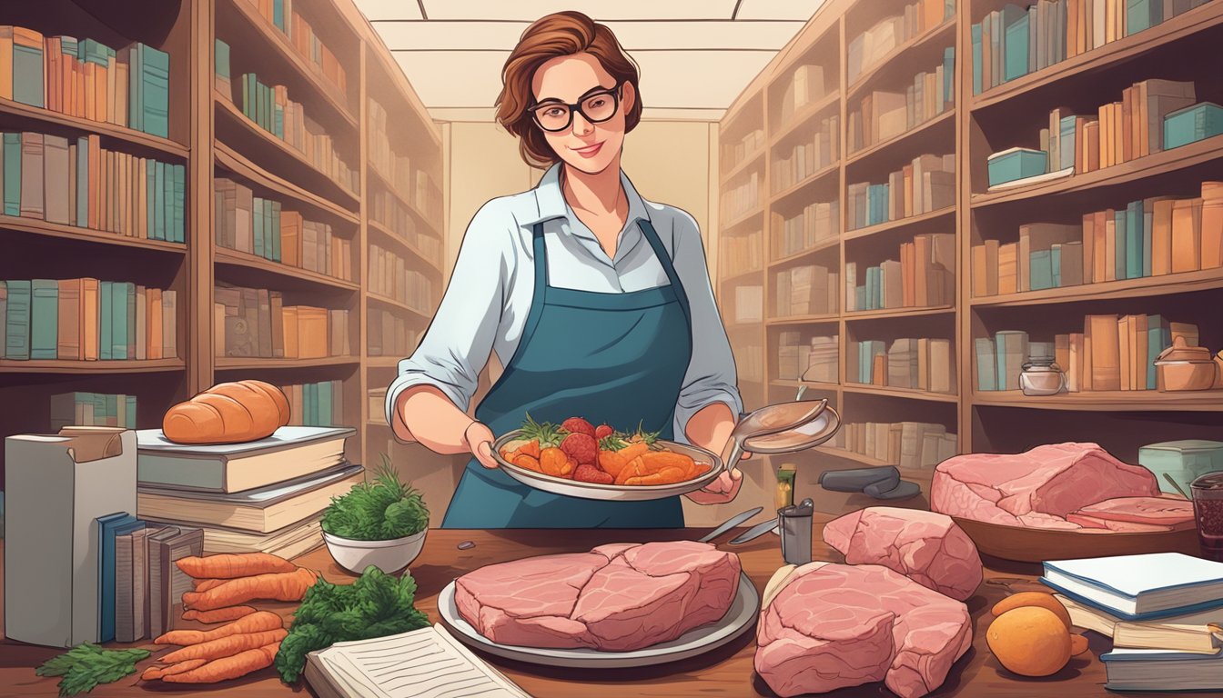 A librarian preparing a meal of fresh meat and animal products, surrounded by books and research materials on the carnivore diet