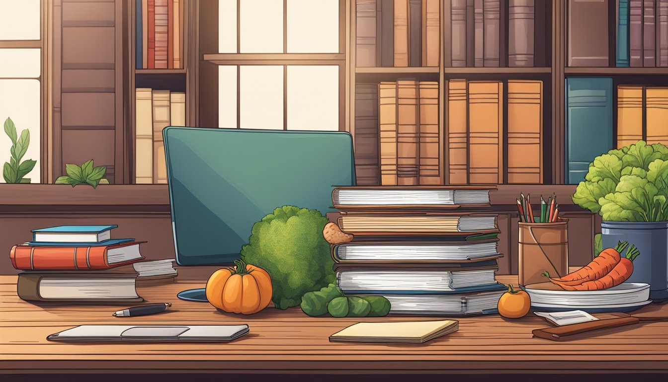 A librarian's desk with a stack of books, a computer, and a plate of meat and vegetables