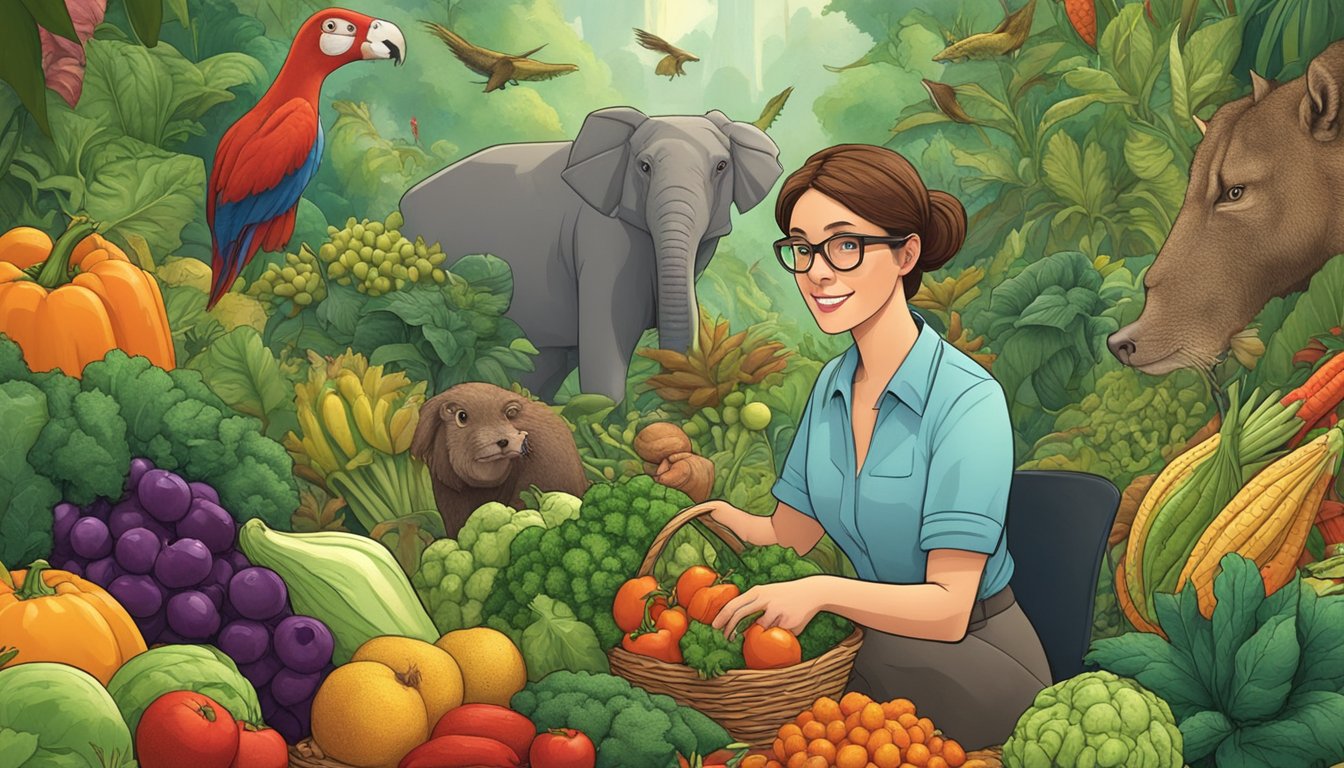 A librarian confidently navigating through a jungle of vegetables, fruits, and grains, while a pack of carnivorous animals lurk in the background