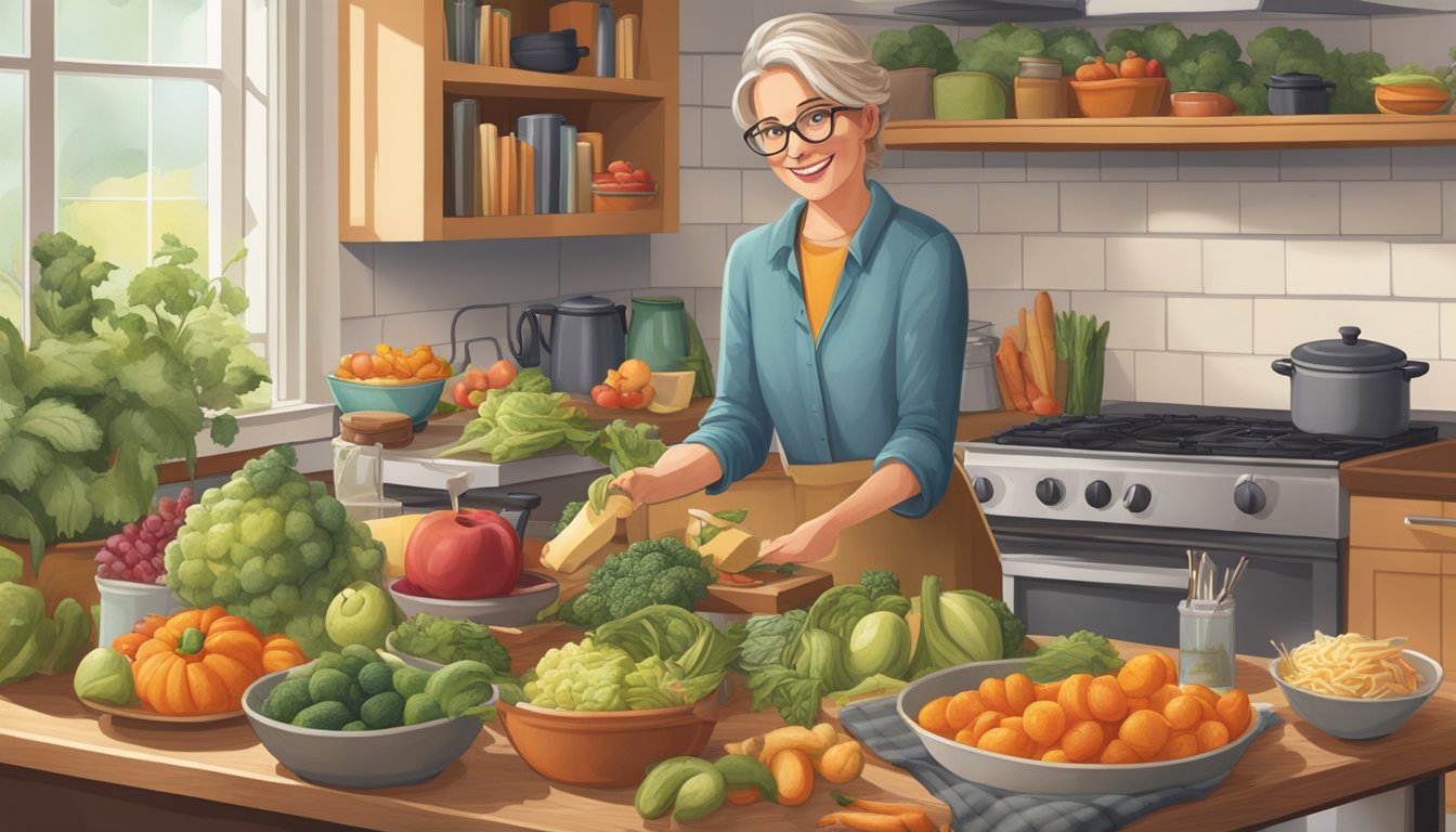 A librarian enjoys a variety of sustainable, carnivorous foods in a cozy kitchen setting, with an emphasis on incorporating the diet into their lifestyle