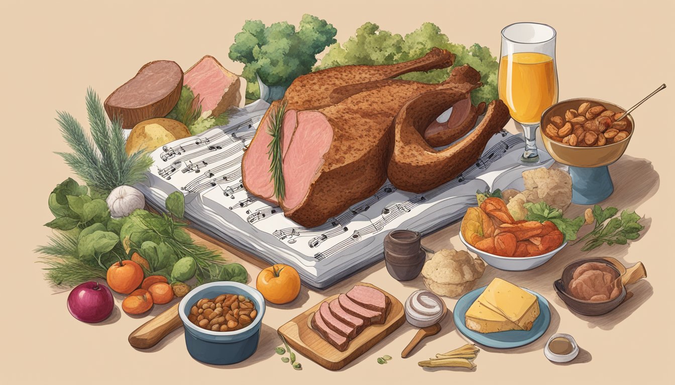 A carnivore diet featuring various meats and animal products, surrounded by musical instruments and sheet music