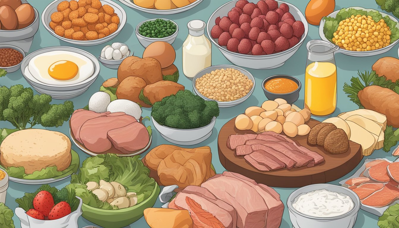 A variety of meats, eggs, and animal-based products fill the table, while grains, fruits, and vegetables are noticeably absent