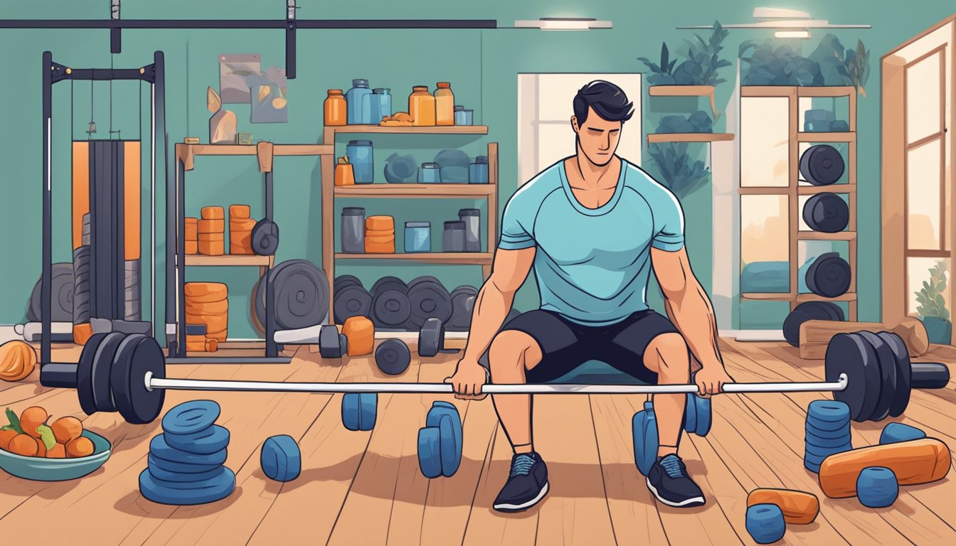 A musician lifting weights in a gym, surrounded by meat, vegetables, and supplements. A foam roller and massage tools are nearby for recovery