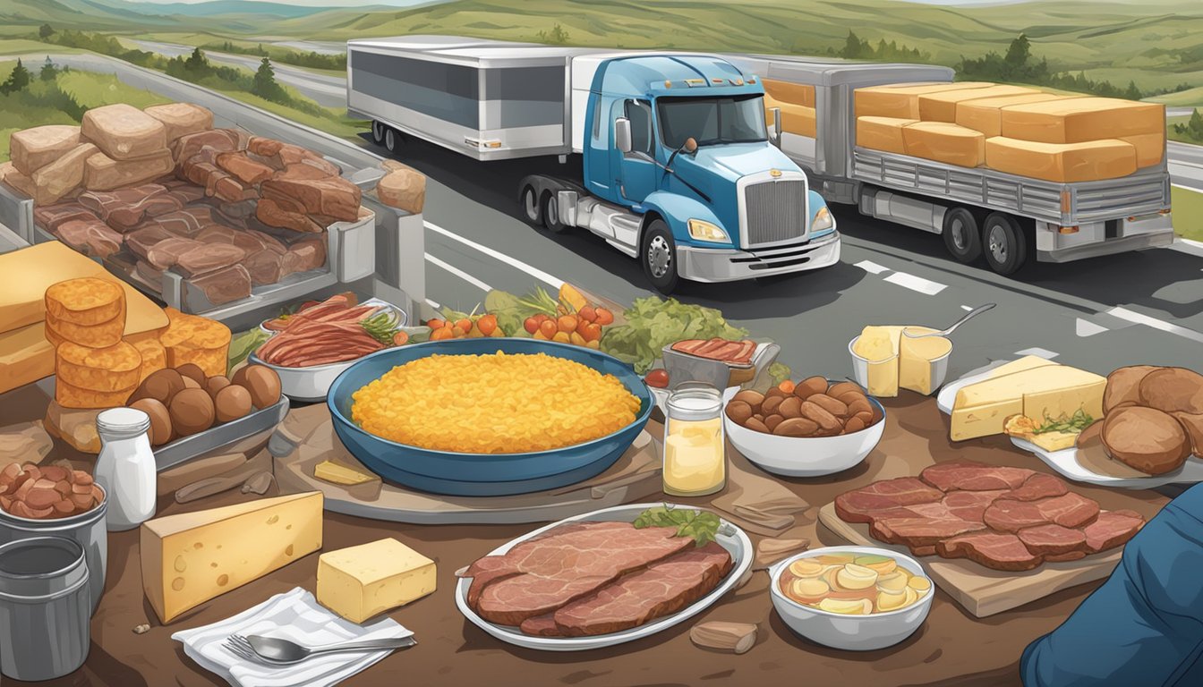 A trucker's table with a spread of meat, eggs, and cheese, surrounded by a landscape of highways and rest stops