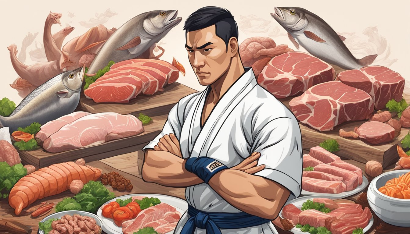 A martial artist surrounded by a variety of fresh meats, including beef, poultry, and fish, with a focused and determined expression