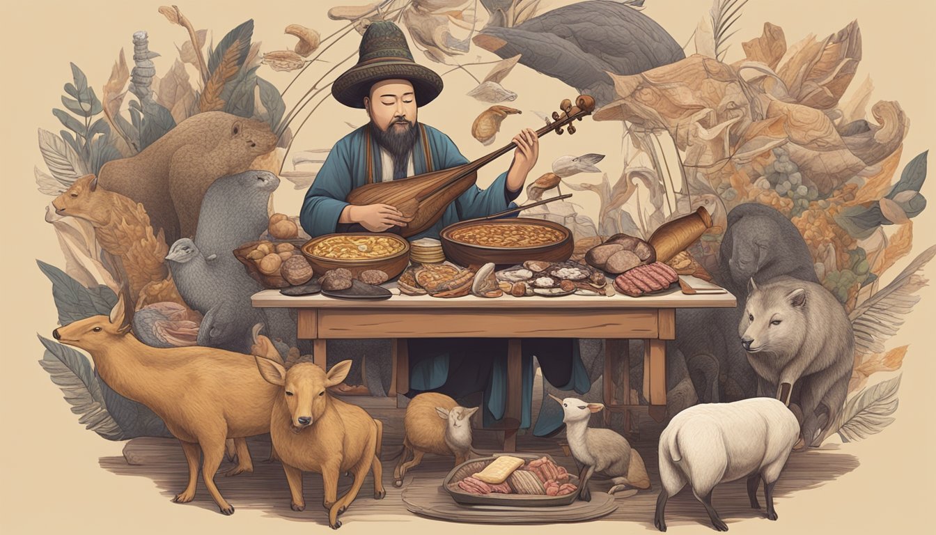 A musician playing a traditional instrument with a table of various meats and animal products in the foreground, surrounded by symbols of different cultural and ethical perspectives