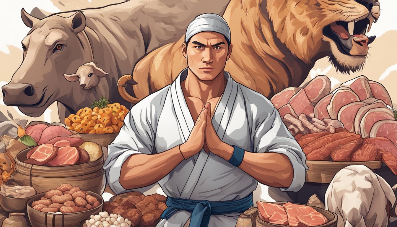 A martial artist surrounded by various types of meat and animal products, with a mix of determination and concern on their face