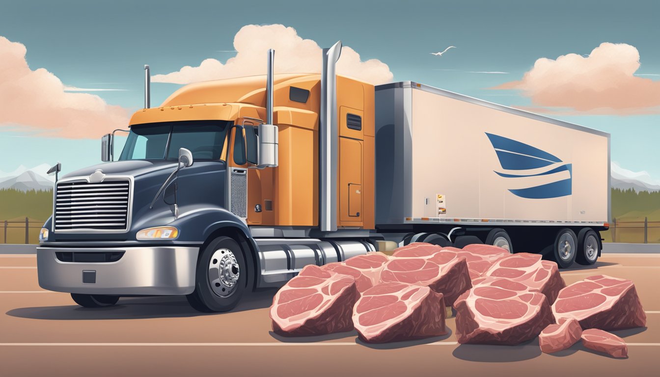 A long-haul truck parked at a rest stop, surrounded by empty meat packaging and a cooler filled with raw meat