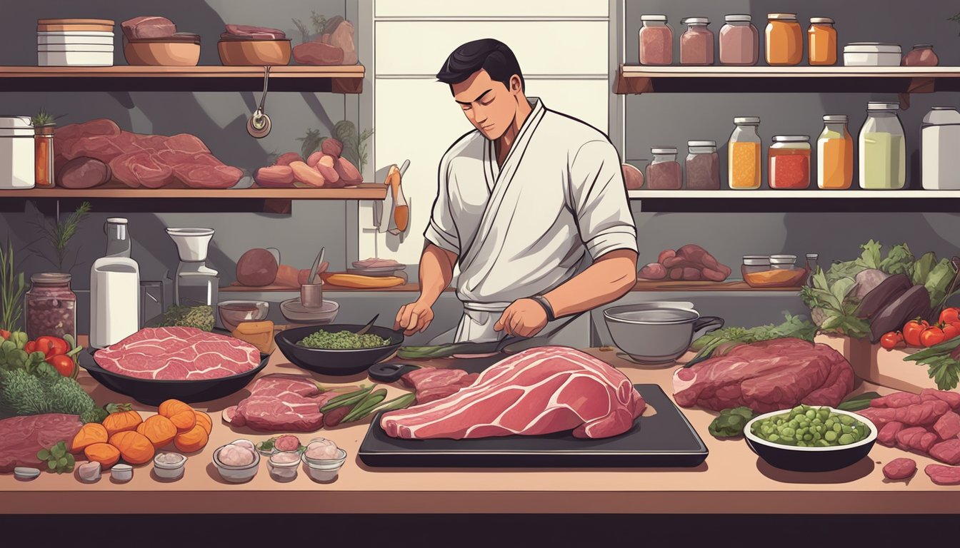 A martial artist preparing a meal of raw meat and organ meats, surrounded by various supplements and ingredients for the carnivore diet