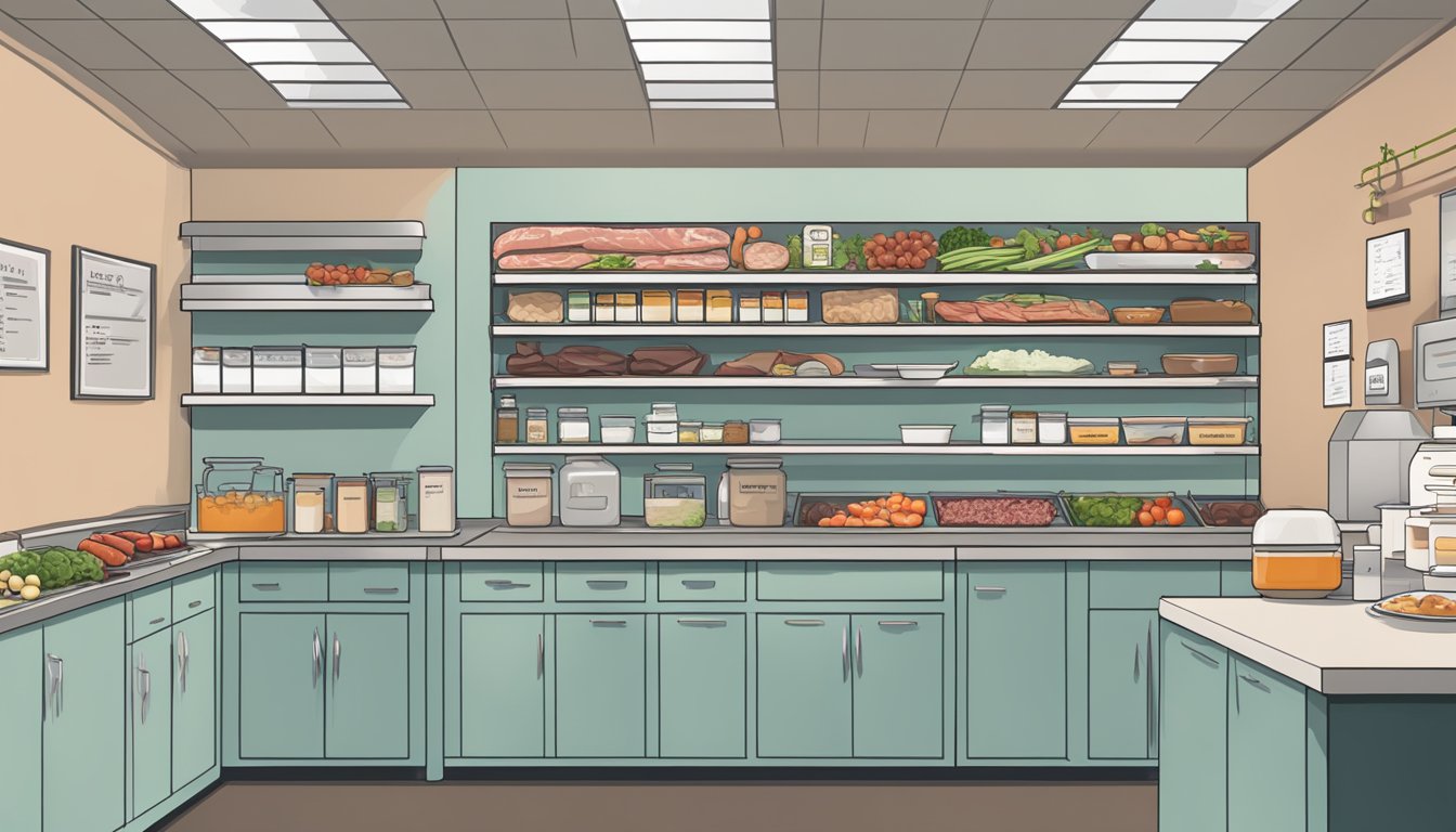 A nurse's station with a meal prep area stocked with raw meat, bone broth, and organ meats. A chart on the wall outlines dietary guidelines