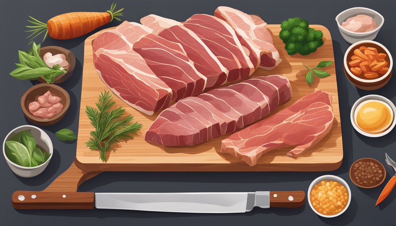 A diverse array of raw and cooked meats, including beef, pork, chicken, and fish, arranged on a wooden cutting board with various knives and cooking utensils