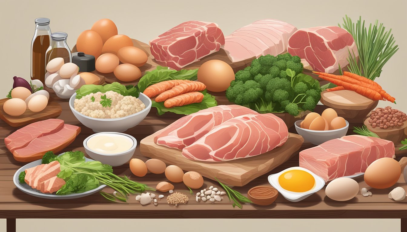 A variety of fresh meats, fish, eggs, and low-carb vegetables displayed on a table, with a focus on nutrient-rich foods for a balanced carnivore diet