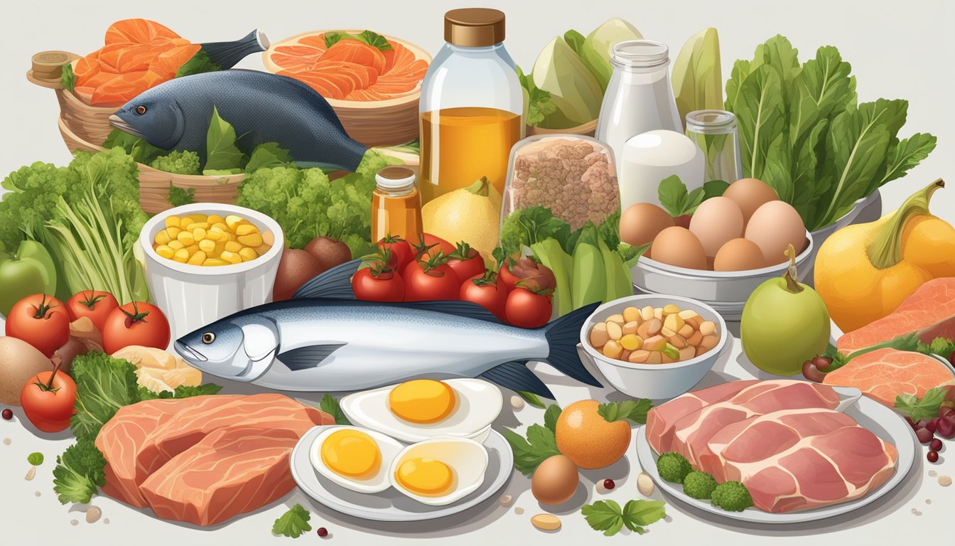 A plate with various meats, fish, and eggs surrounded by a variety of fruits and vegetables, with bottles of vitamins and supplements nearby