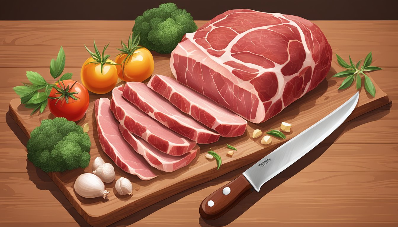 A variety of fresh meats, including beef, pork, and poultry, arranged on a wooden cutting board with a sharp knife