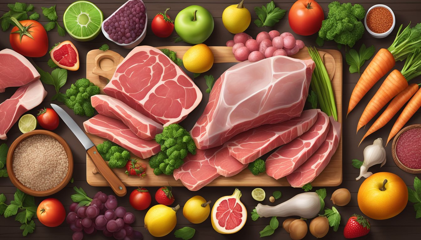 A variety of fresh, raw meats and organ meats arranged on a wooden cutting board, surrounded by vibrant fruits and vegetables