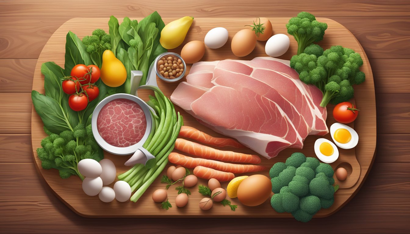 A variety of fresh meats, fish, and eggs arranged on a wooden cutting board, surrounded by vibrant green vegetables and fruits