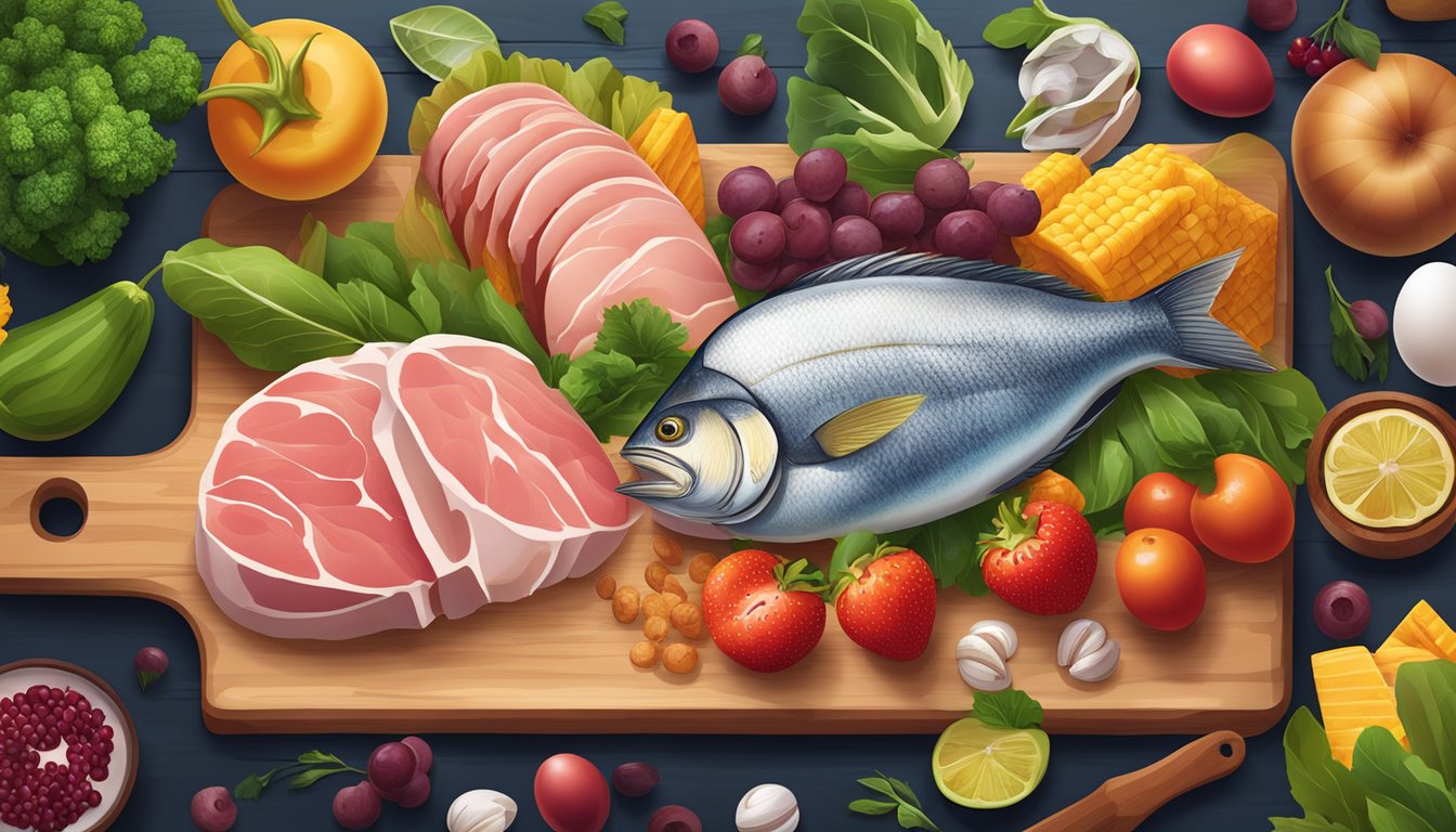 A variety of fresh meats, fish, and eggs arranged on a wooden cutting board, surrounded by vibrant fruits and vegetables