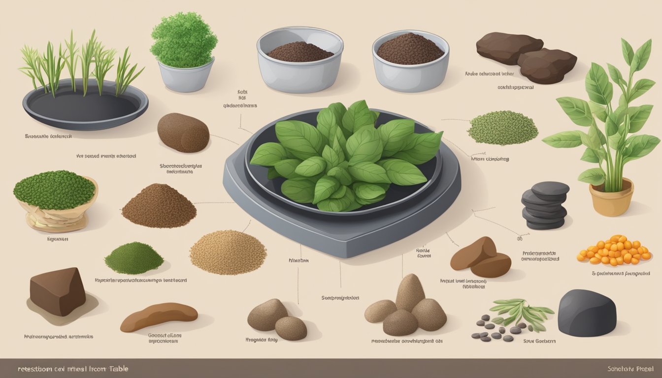 A table with various iron-rich animal products next to a variety of plant-based iron sources, with a scale weighing the benefits and challenges of each