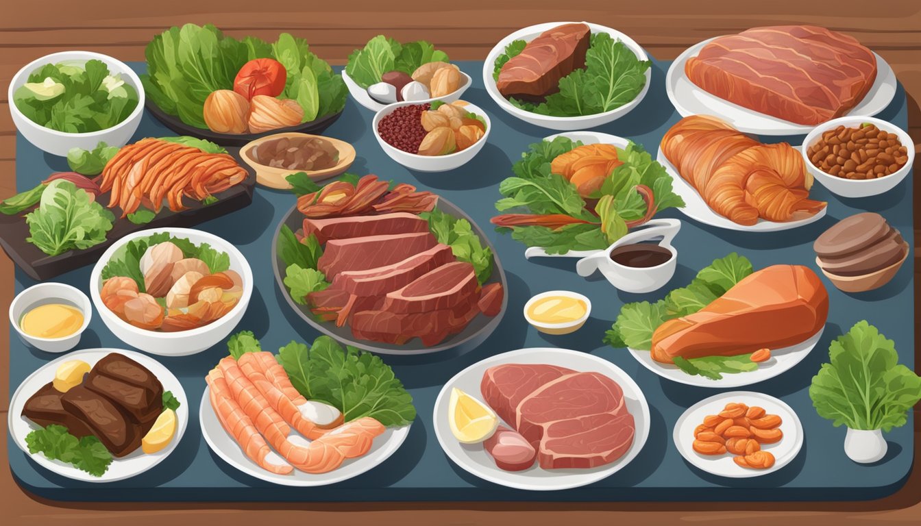 A variety of iron-rich animal products, such as red meat, liver, and shellfish, arranged on a plate with leafy greens and other nutrient-dense foods