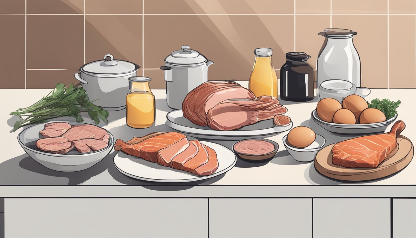 A variety of fresh meats, fish, and eggs arranged on a clean, minimalist kitchen counter