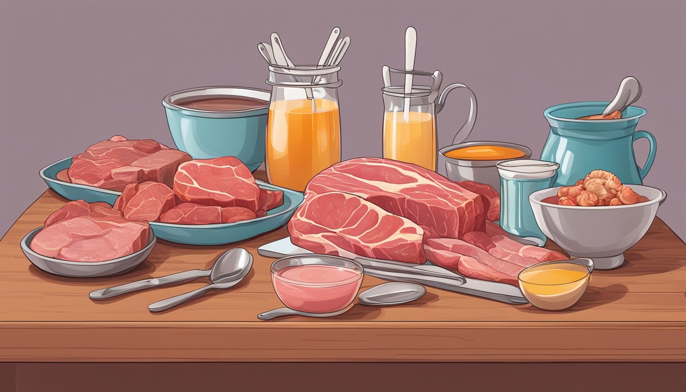 A table set with raw meat, bone broth, and organ meats, alongside a high chair and baby utensils