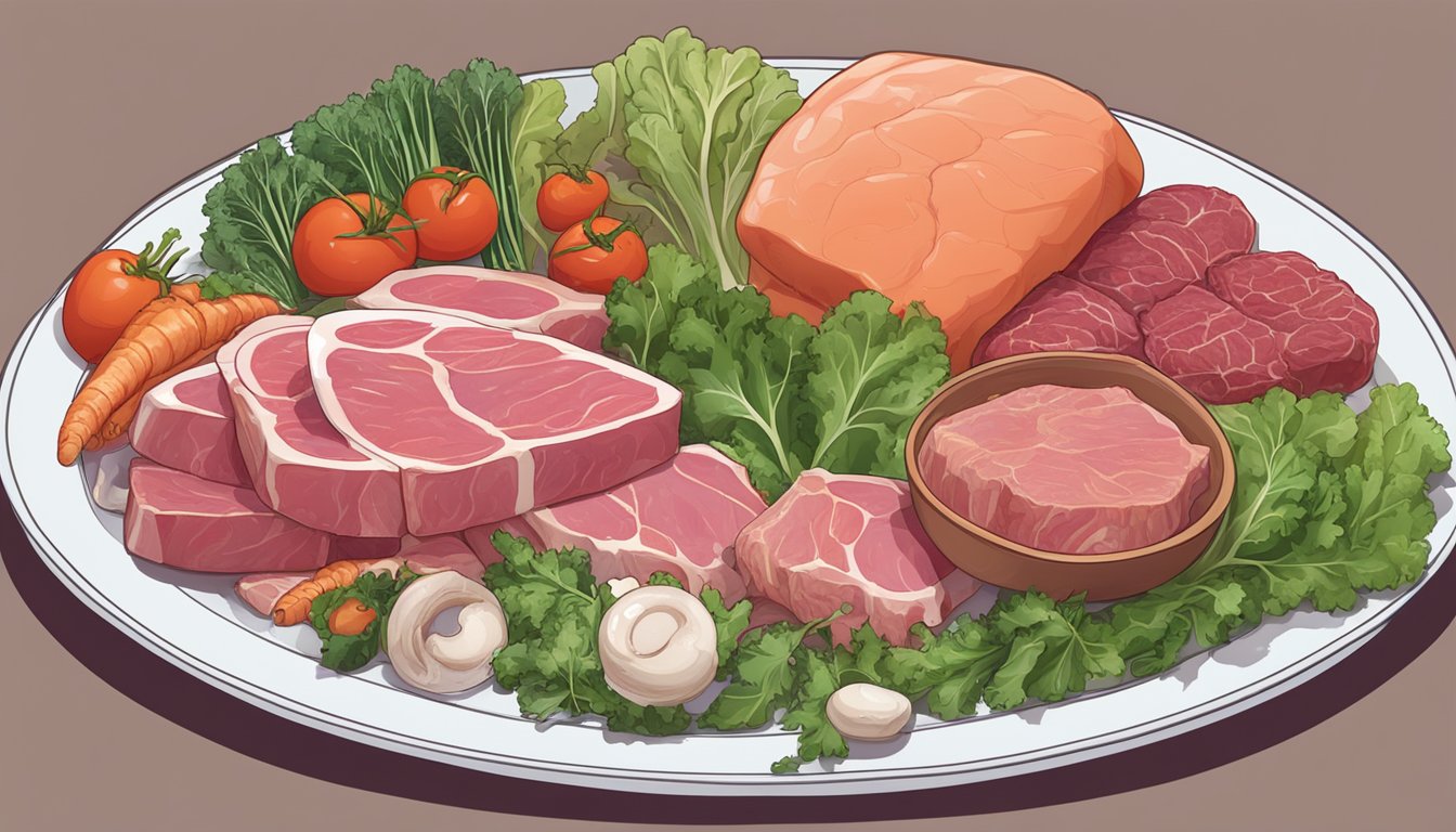 A plate with a variety of raw meat, organs, and bone marrow, alongside a bowl of leafy greens and vegetables