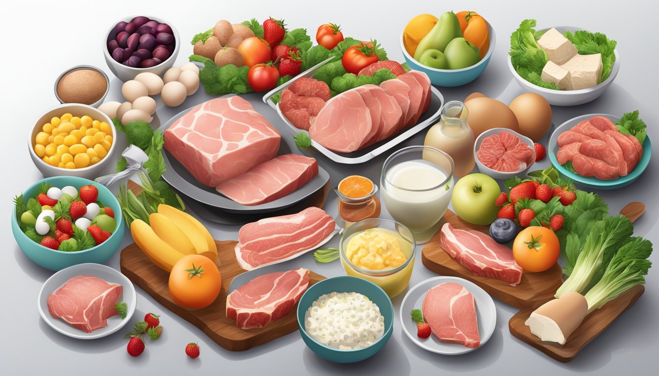 A table set with a variety of fresh meats, fish, eggs, and dairy products, surrounded by colorful fruits and vegetables