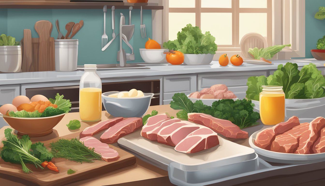 A kitchen counter filled with various fresh meats, eggs, and leafy greens. A baby high chair sits nearby with a tray of pureed meat and vegetables