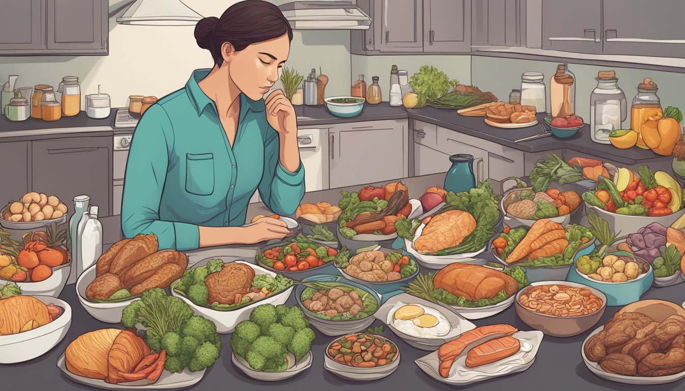 A person with fibromyalgia struggles to maintain a carnivore diet, surrounded by various food options and medical considerations