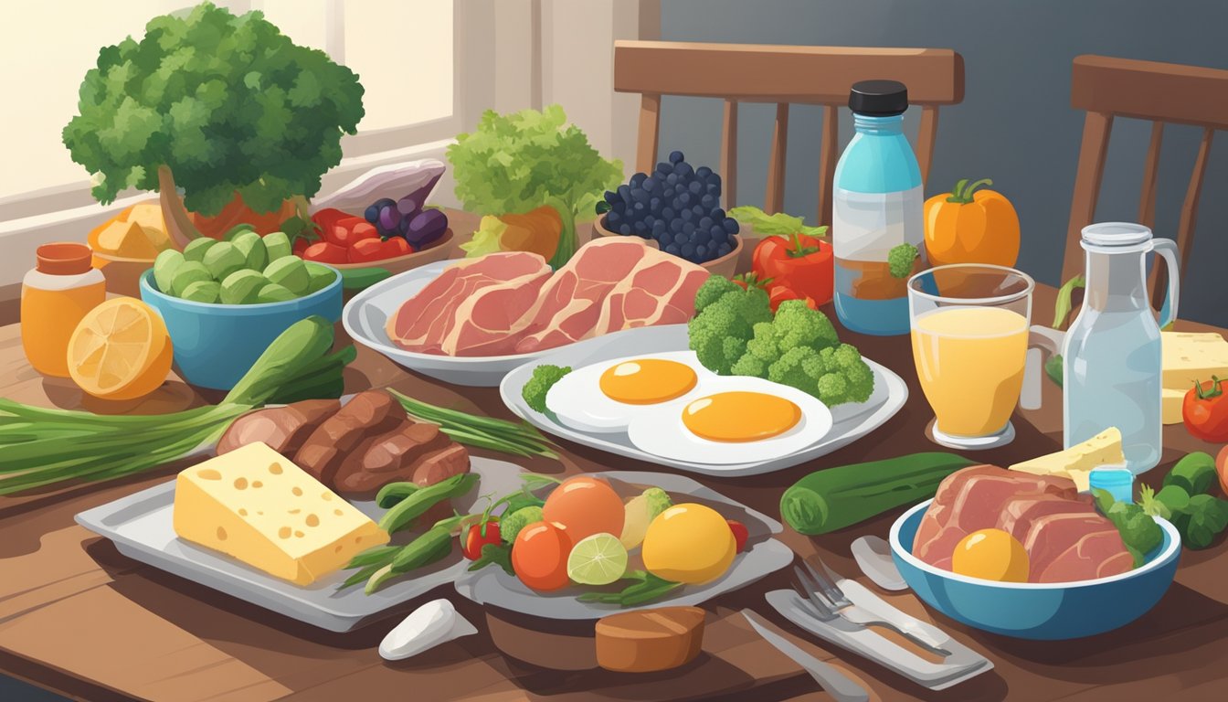 A desk with a plate of meat, eggs, and cheese, surrounded by a variety of vegetables and fruits. A water bottle and supplements are also present