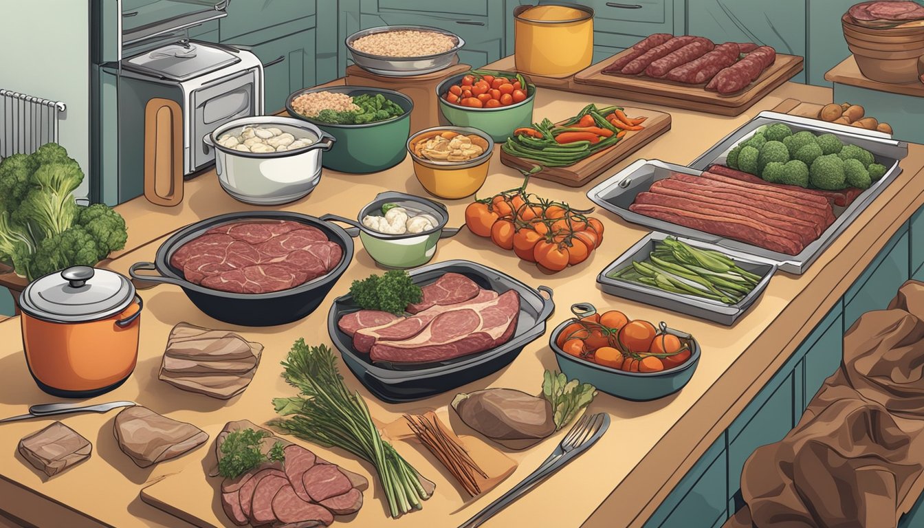 A kitchen counter with a variety of raw meats, vegetables, and cooking utensils laid out for meal preparation