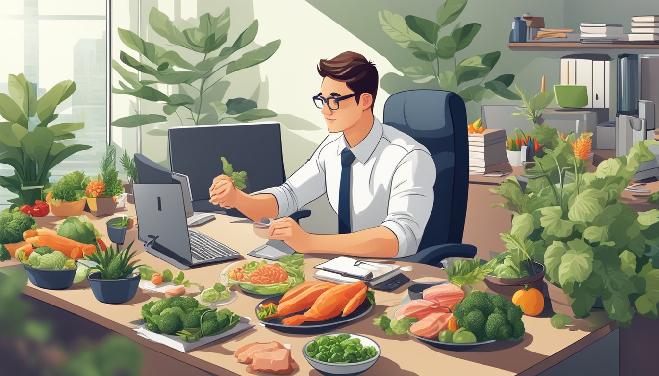 An office worker enjoying a variety of meats, fish, and vegetables at their desk, surrounded by plants and natural light